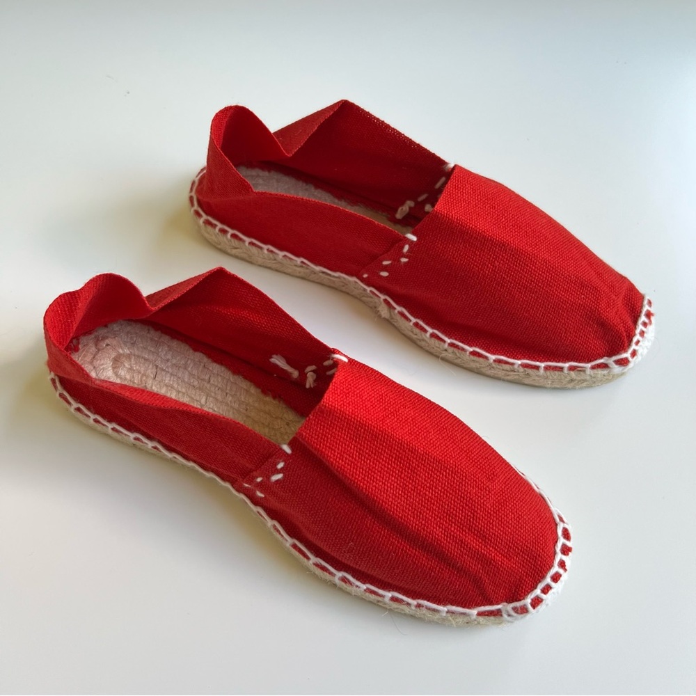 New Cousu Main Made In Spain Red Fabric Espadrille Jute Pull On Flats